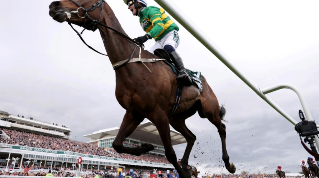 Jockey Paul Townend celebrates riding I Am Maximus to 2024 Grand national victory.