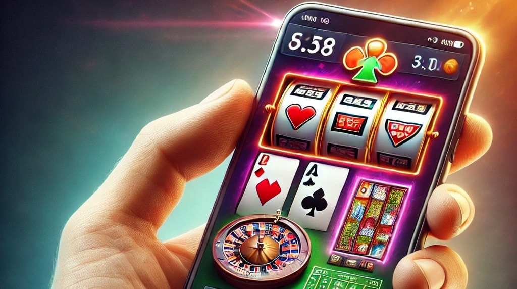 Man holding a phone with an online casino app