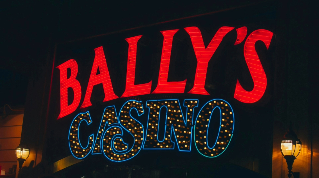 Bright neon Bally's casino sign