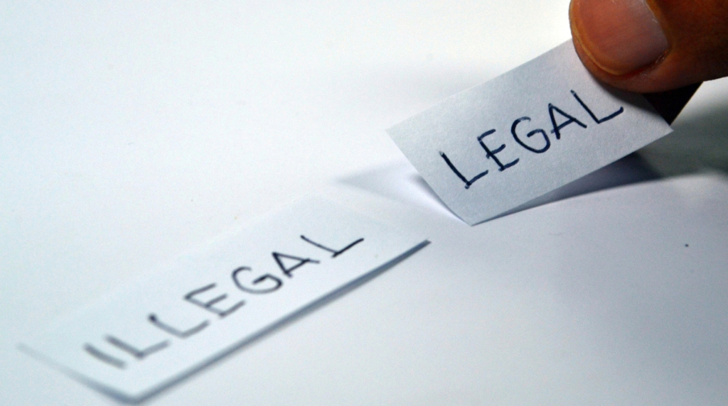 A Person Holding Two Pieces of Paper with Legal and Illegal Words